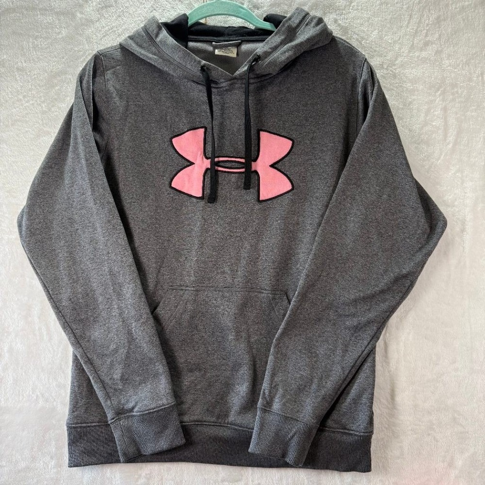 Under Armour Womens Hoodie LG Gray Pink Big Logo Pullover Fleece Lined Sweatshir